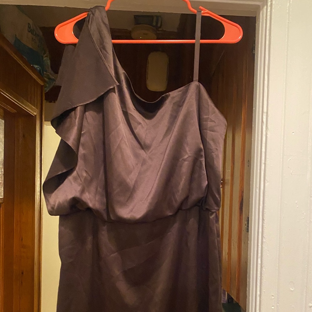 Brown off the shoulder satin dress for weddings, or parties.